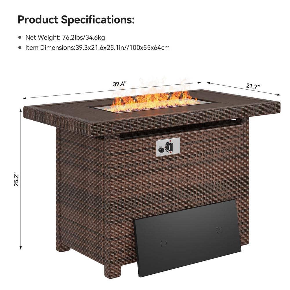 Gyutei44-in Rectangle 50,000 BTU PE Rattan Propane Fire Pit Table with Lid, Non-Glass Wind Cover