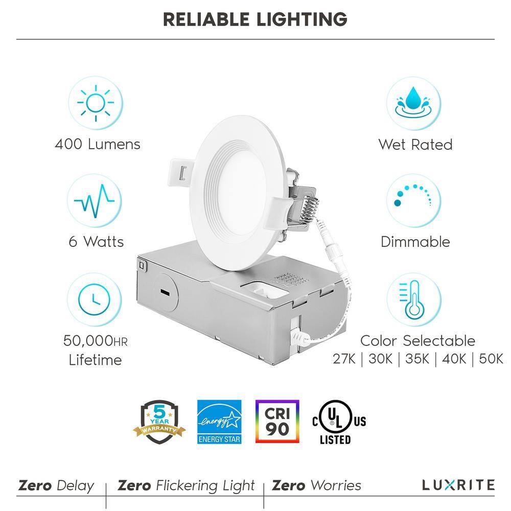 Luxrite 3 Inch Ultra Thin LED Recessed Light J-Box 6W 5 Color Options Dimmable 400 Lumens IC Rated Baffle