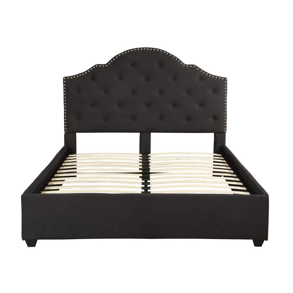 Noble House Allyssa Contemporary Fabric Button-Tufted Upholstered Queen Bed Frame with Nailhead Accents, Black