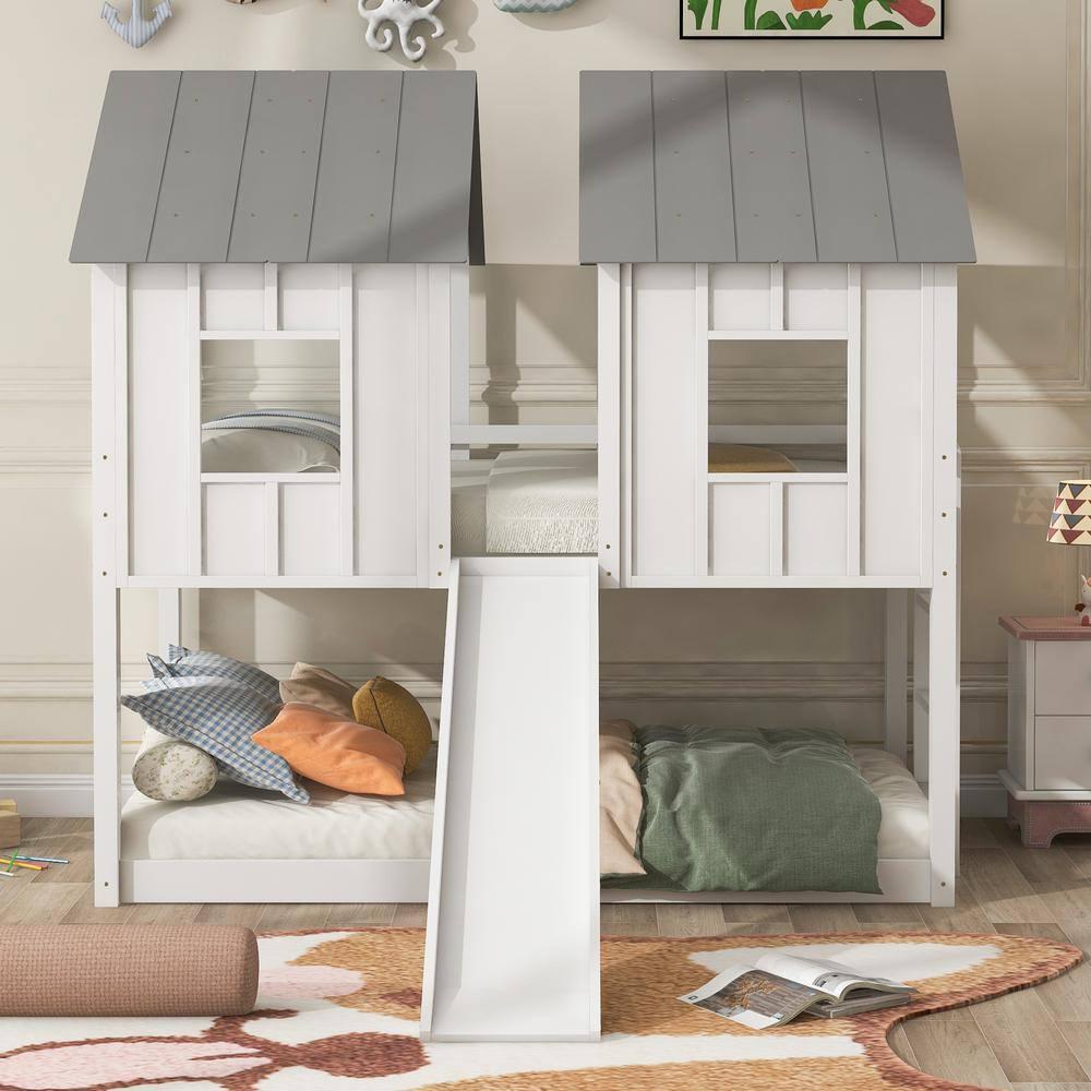 MERITLINE House Bunk Bed with Slide Twin Over Twin, Kids House Bunk Beds with Roof and Windows, Playhouse Bed for Kids, Girls, Boys, No Spring Box Needed, White