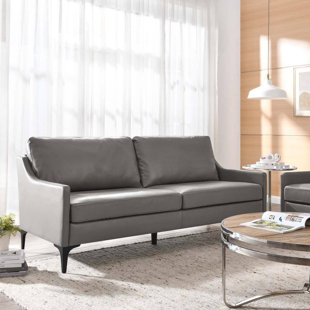 Modway Corland Modern Style Leather and Metal Sofa in Gray Finish