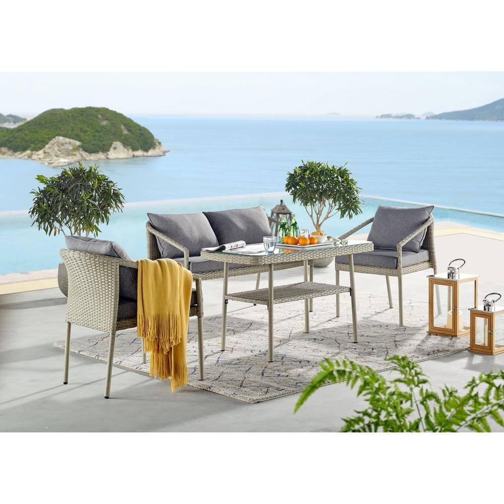 Windham All-Weather Wicker Two-Seat Outdoor Light Gray Bench with Dark Gray Cushions