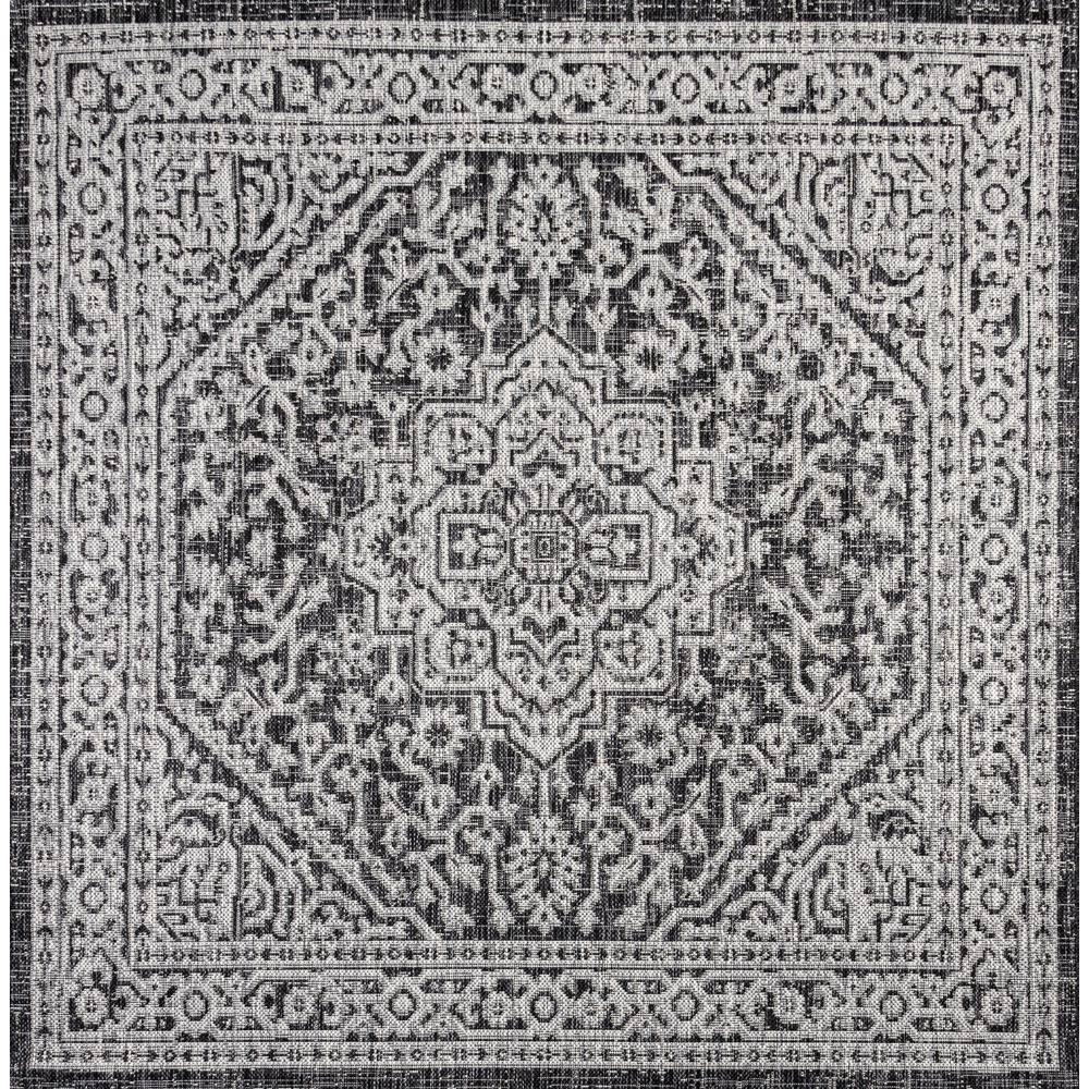 5' Square Sinjuri Medallion Textured Weave Indoor/Outdoor Area Rug, Gray/Black - JONATHAN Y