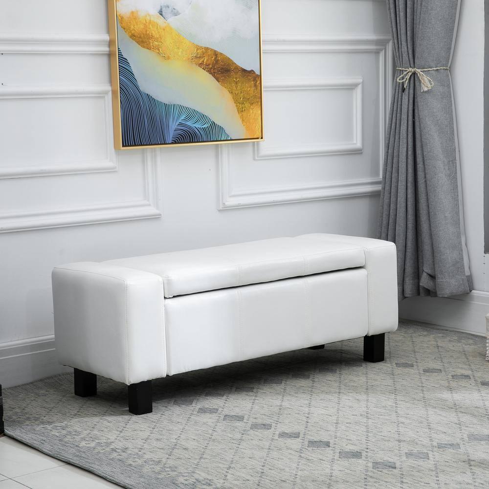 CCBIUOMBO 42\u201D Faux Leather  Ottoman Bench Organizer Chest Rectangular Footstool with Hinged Lid for Living Room  Entryway  or Bedroom - Cream White