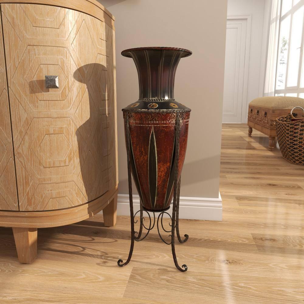 DecMode 27" Tall Brown Metal Vase with Attached Metal Stand and Intricate Design