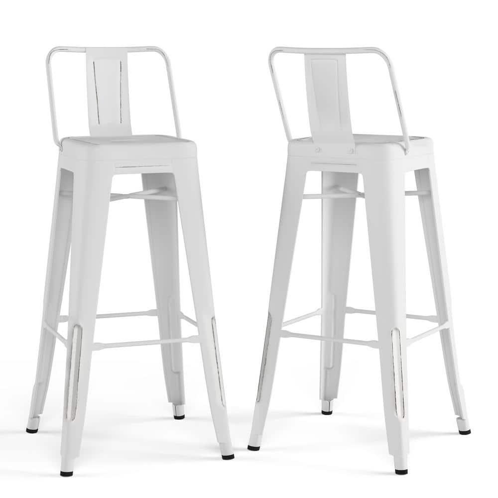 Simpli Home Rayne Metal Industrial Stool with Curved Back, Cross-Brace, and Footrest