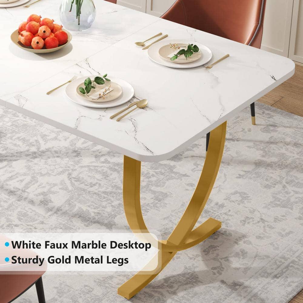 Kepooman 63" Modern Dining Table Kitchen Table with Faux Marble Table Top