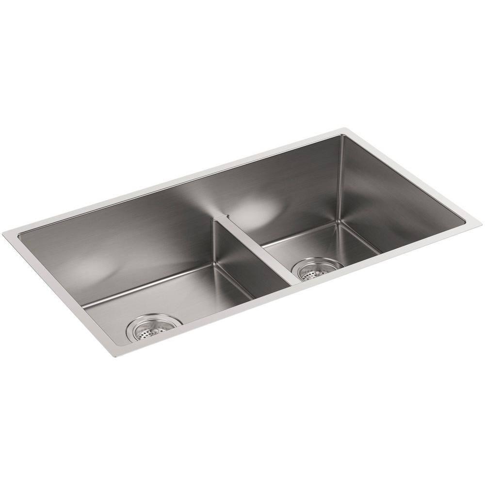 Strive 32" L x 18-5/16" W x 9-5/16" Smart Divide Under-Mount Large/Medium Double-Bowl Kitchen Sink with Basin Rack
