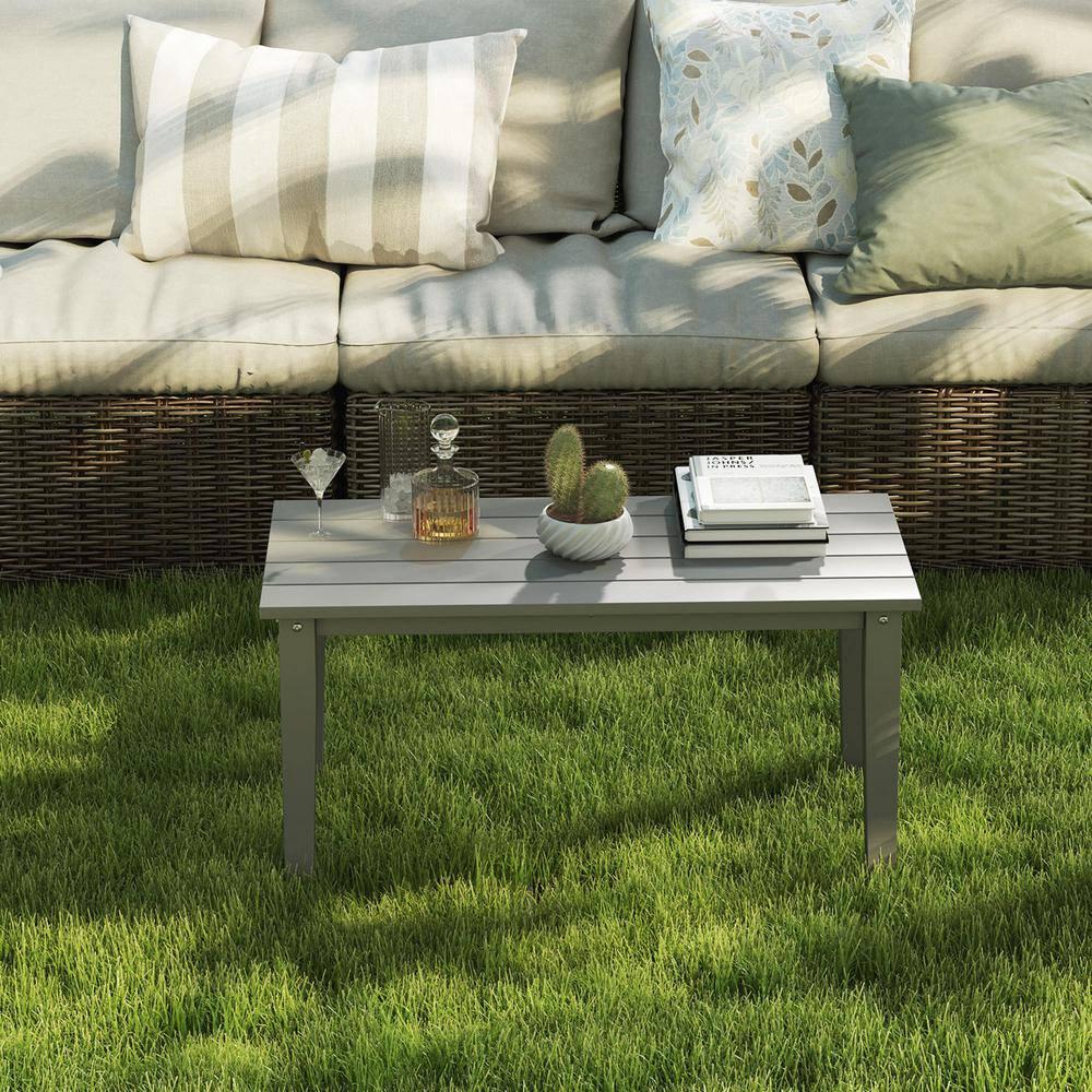 Outsunny HDPE Outdoor Coffee Table, Rectangle All-Weather Patio Coffee Table, Slatted Outdoor Patio Table for Garden, Balcony, Backyard, Gray