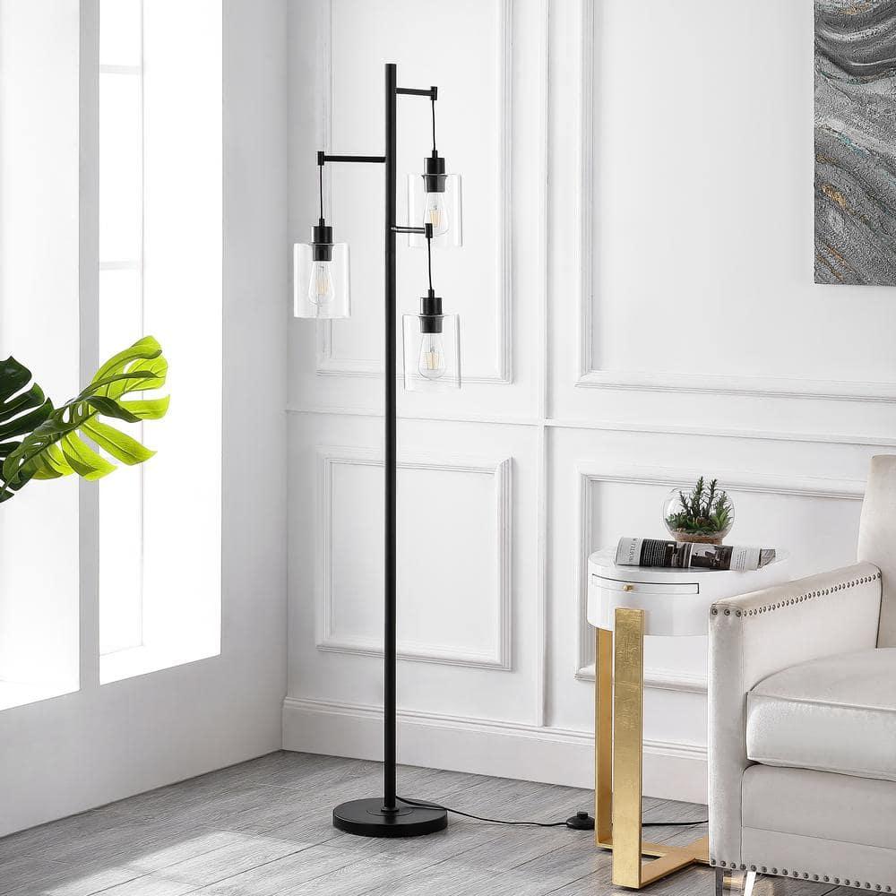 Ledel Get 69" Industrial 3-Light Tree Floor Lamp with Glass Shades Black