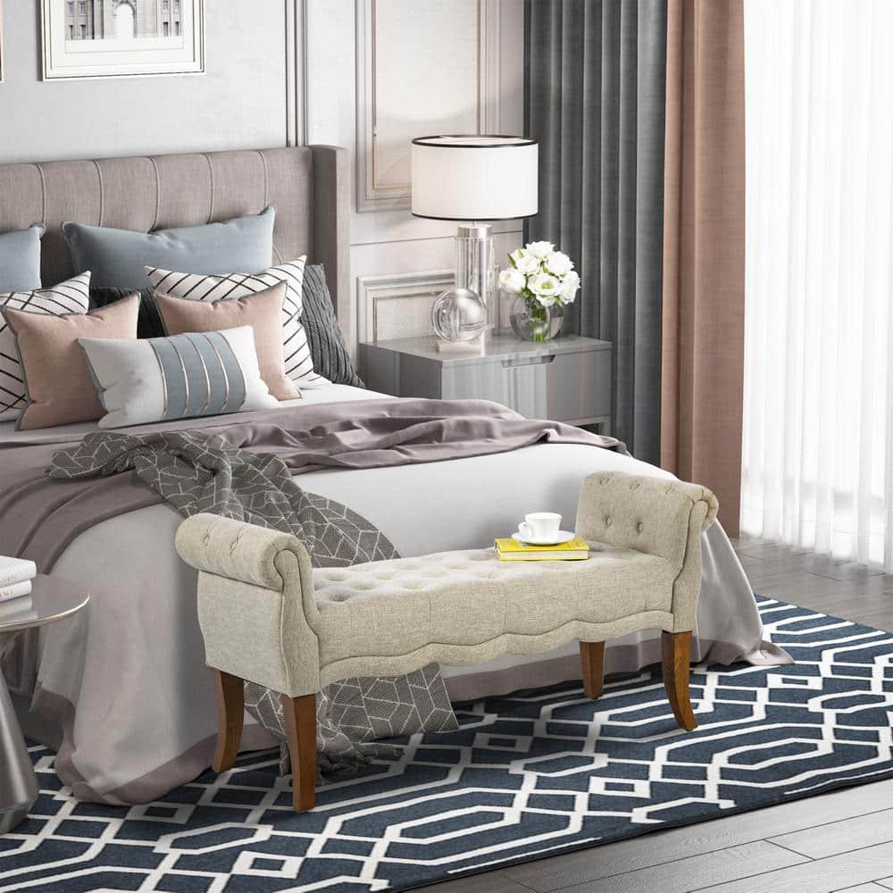 HOMCOM Traditional Style End of Bed Bench, Upholstered Entryway Bench with Button Tufted and Rounded Arm, Beige