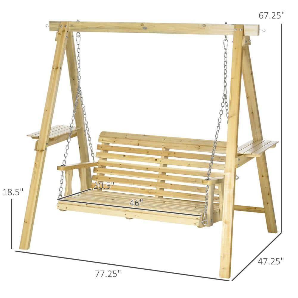 Outsunny 2-Seat Outdoor Swing Chair, Porch Swing with Stand and Side Tables, for Garden, Poolside, Backyard, Natural