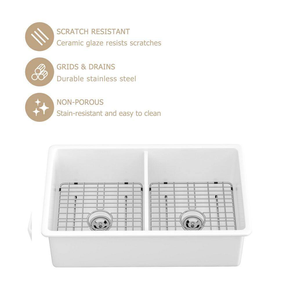 Sarlai 32'' L x 19" W White Ceramic 50/50 Double Basin Drop-In/Undermount Kitchen Sink with Sink Grids S-CSU3219-55