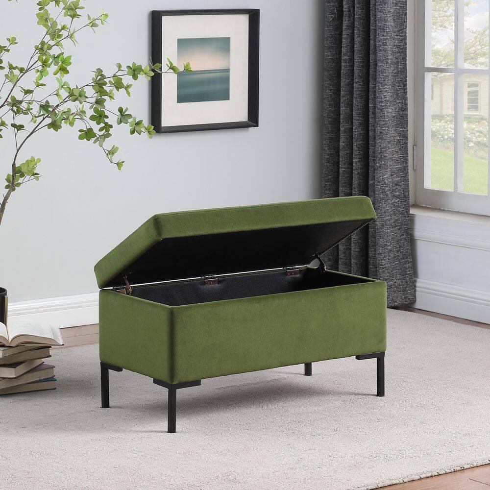 Medium Storage Bench with Metal Legs Green Velvet - HomePop: Upholstered Rectangular Ottoman for Bedroom, 250lb Capacity