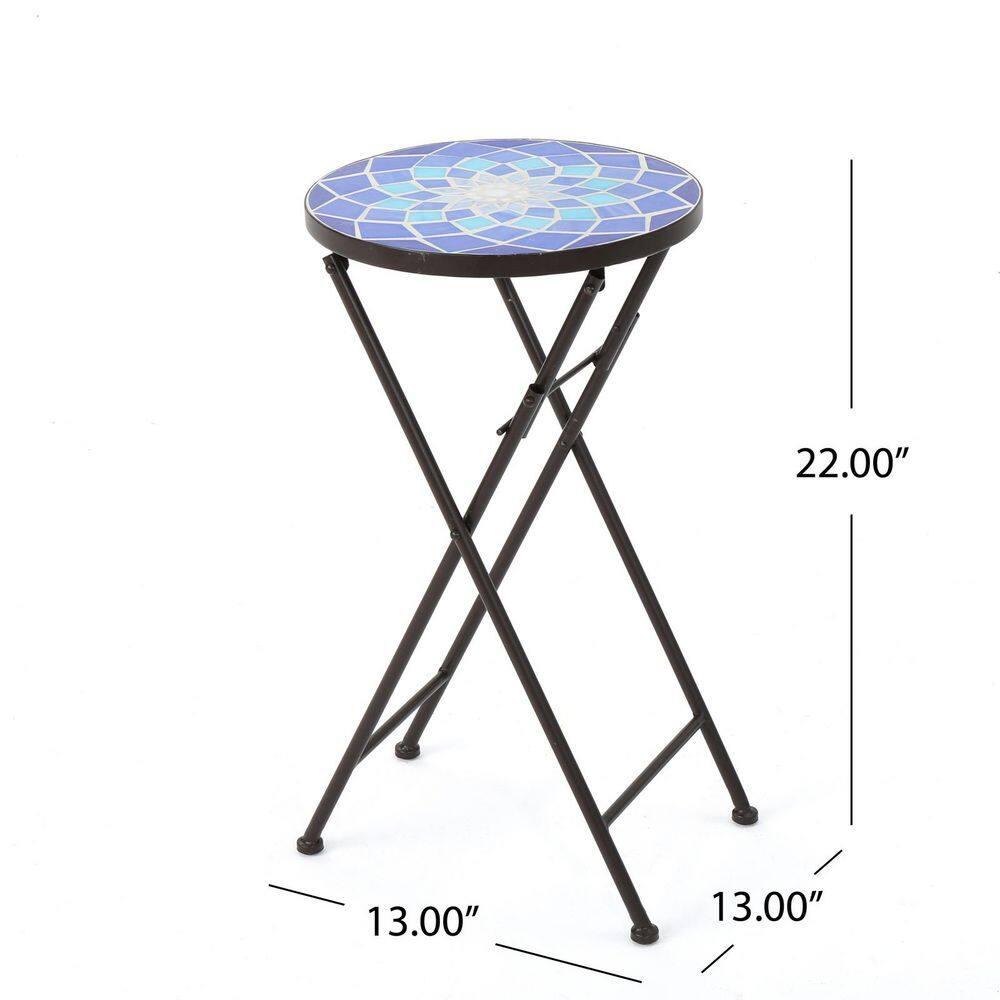 Fleur De Lis Living Folding Blue and White Top Side Table with Iron Frame, Multifunctional Plant or Beverage Stand