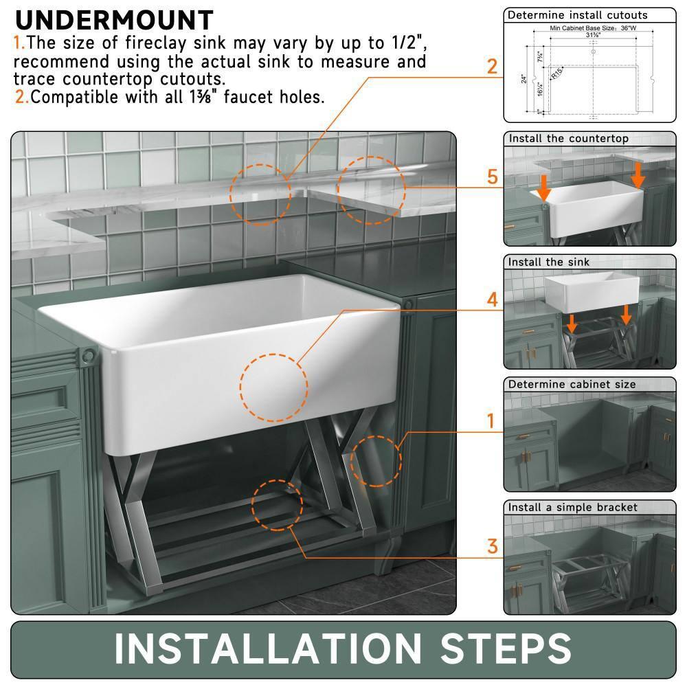 Apron Front Kitchen Sink 33" L x 18" W Single Bowl Fireclay with Bottom Grid and Basket Strainer