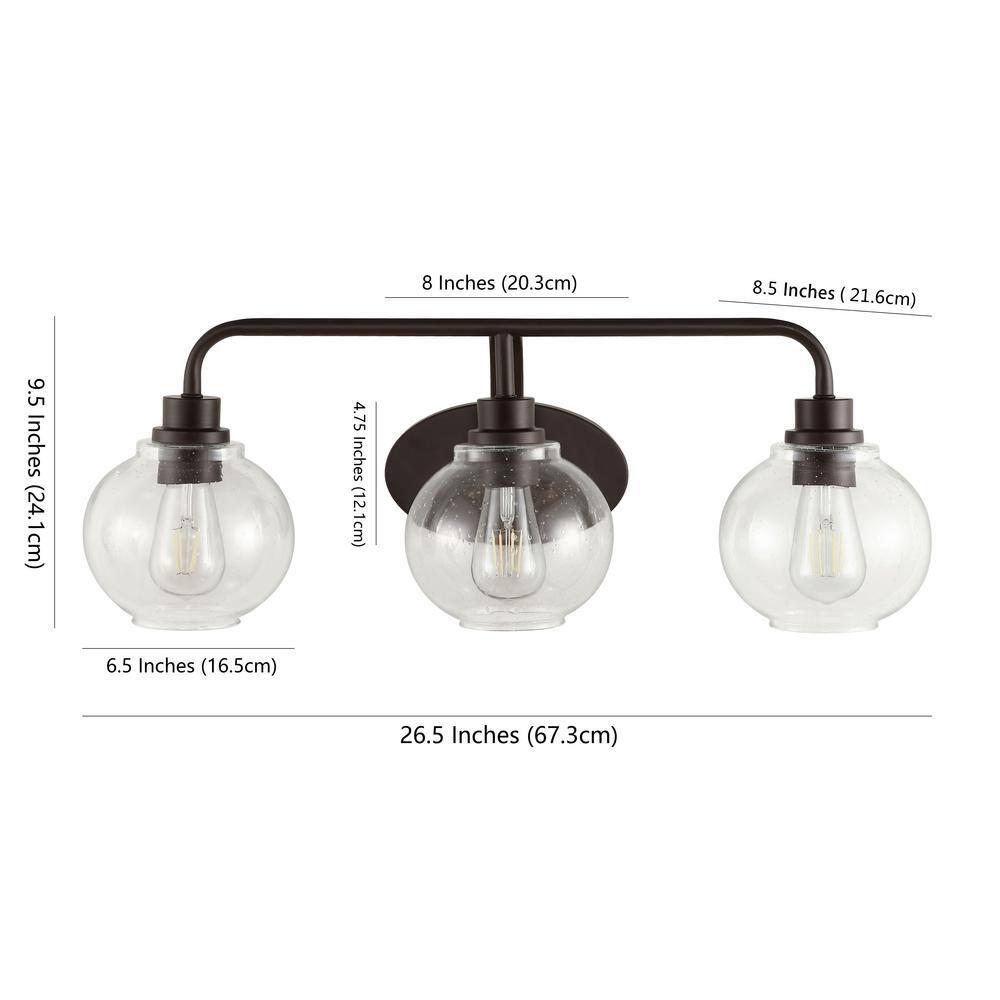 JONATHAN Y Sandrine 26.25" 3-Light Iron/Seeded Glass Cottage Rustic LED Vanity Light, Oil Rubbed Bronze