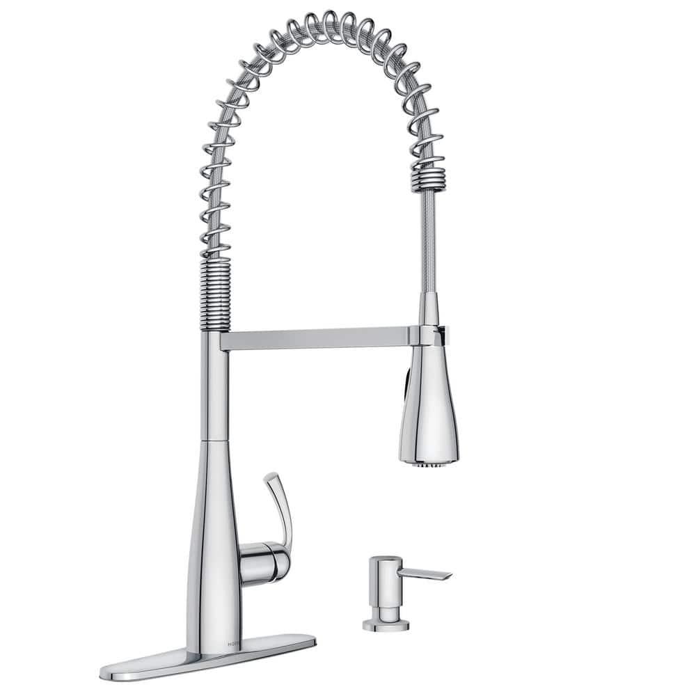 Moen Essie Pre-Rinse Spring Pull Down Single Handle Kitchen Faucet with Power Clean Technology and Soap Dispenser