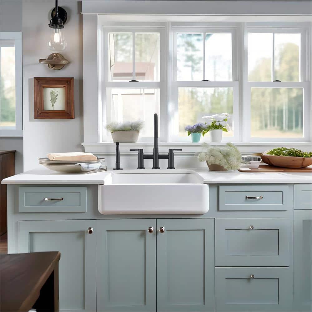 Double Handle Bridge Kitchen Faucet with Side Sprayer in Matte Black
