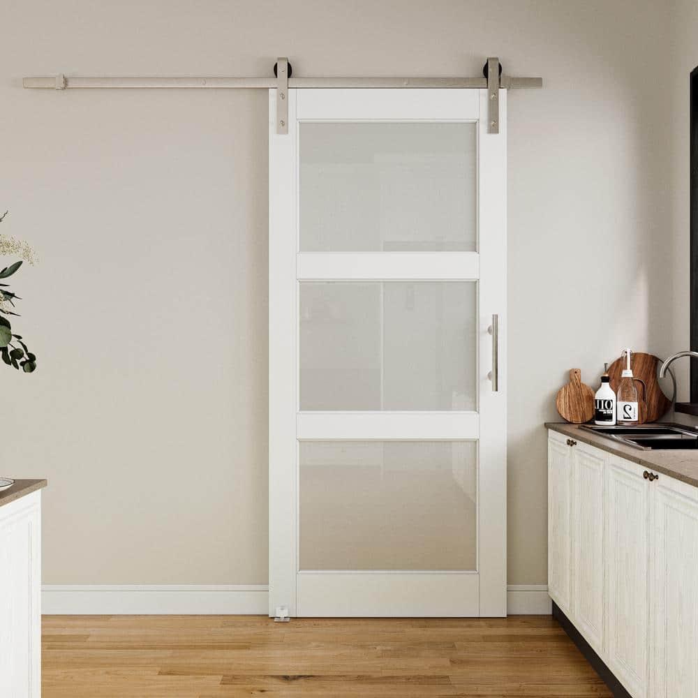 Home Worthy Frosted Glass Solid Manufactured Wood Painted Sliding Barn Door with Nickel-Hardware Kit(No Assembly Required)