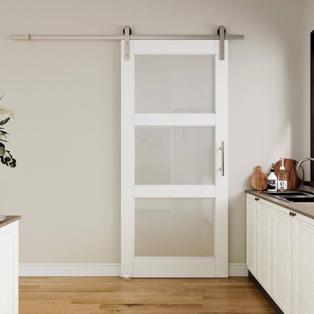Home Worthy Frosted Glass Solid Manufactured Wood Painted Sliding Barn Door with Nickel-Hardware Kit(No Assembly Required)