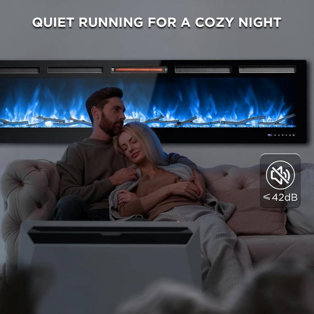 TURBRO 98” Smart WiFi Infrared Electric Fireplace with Sound Crackling and Realistic Flame, 1500W Quartz Heater, Recessed or Wall Mounted, Adjustable Flame Effects, Remote Control and App, in Flames