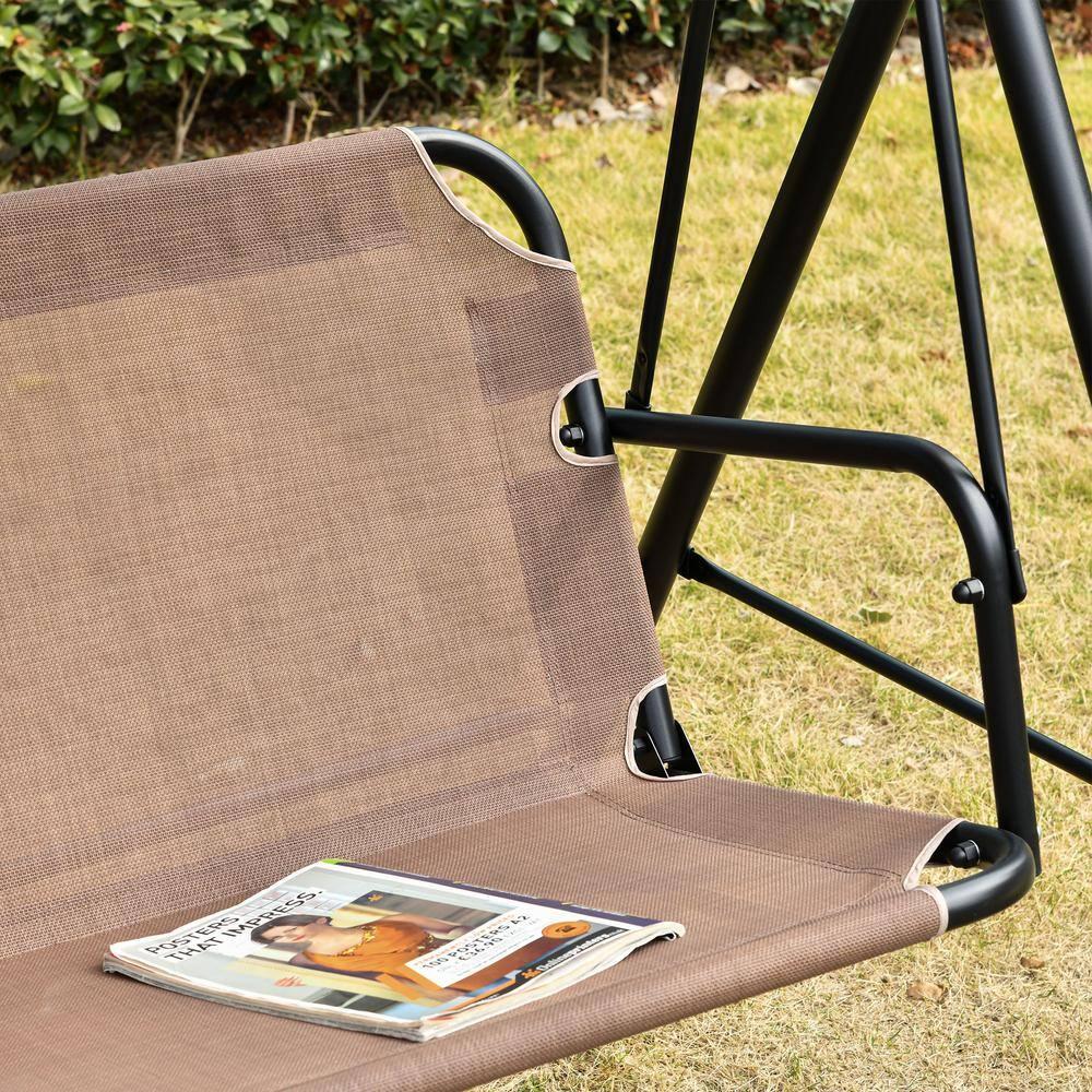 Outsunny Patio Swing Chair with Canopy, Seats 2 Adults Loveseat Bench with Canopy, Armrests, A-Frame Steel, Breathable Mesh, Brown