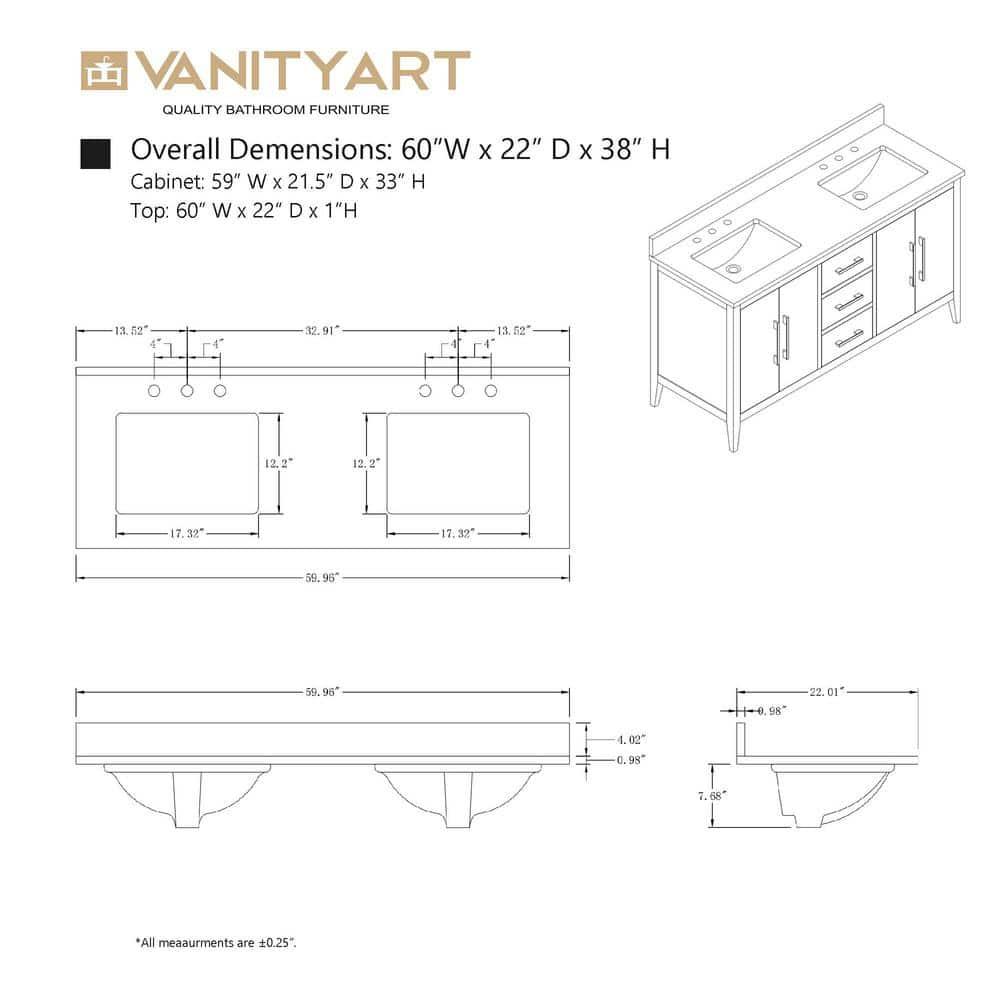 Vanity Art 60" Double Bathroom Vanity Set