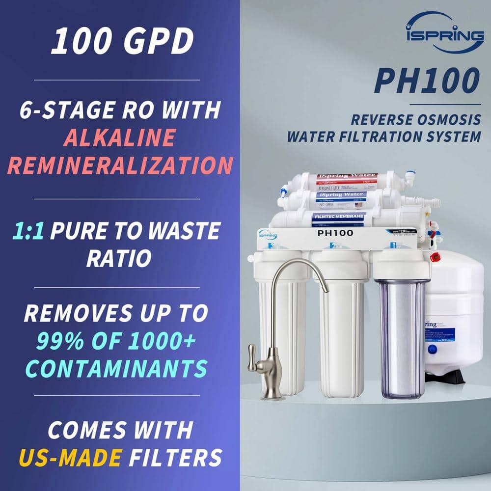 iSpring PH100 pH+ 6-Stage Under Sink Reverse Osmosis RO Drinking Water Filtration System 100 GPD Fast Flow 1:1 Pure to Waste Ratio with Alkaline Remineralization, US Made Filters