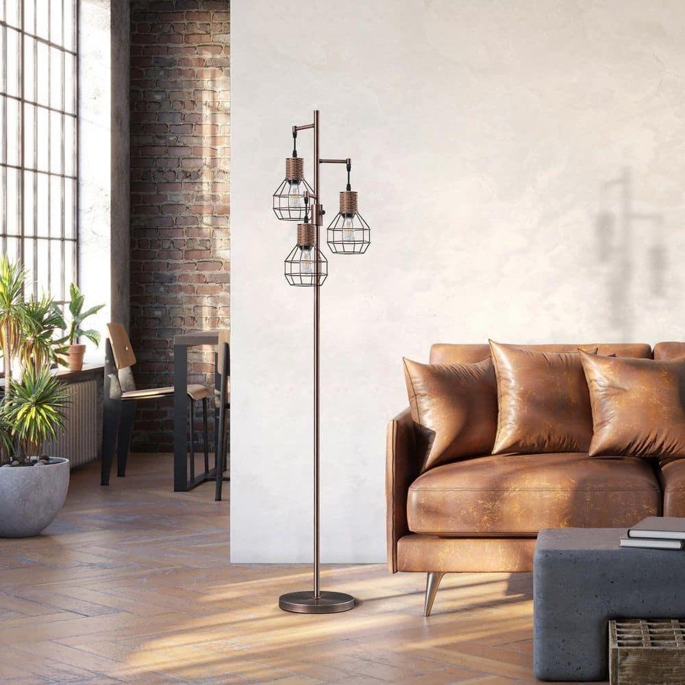 EDISHINE Dimmable Rustic Floor Lamp, Farmhouse Standing Lamp with 3 LED Edison Bulbs, Rattan Design Floor Lamps for Living Room, Bedroom, Reading Corner, Office, Electroplated Brushed Red Copper