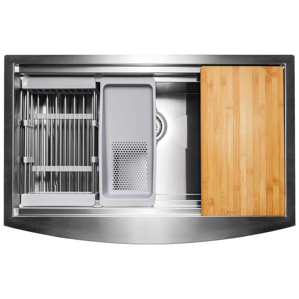Farmhouse Apron Front 33-in x 22-in Brushed Stainless Steel Single Bowl Workstation Kitchen Sink