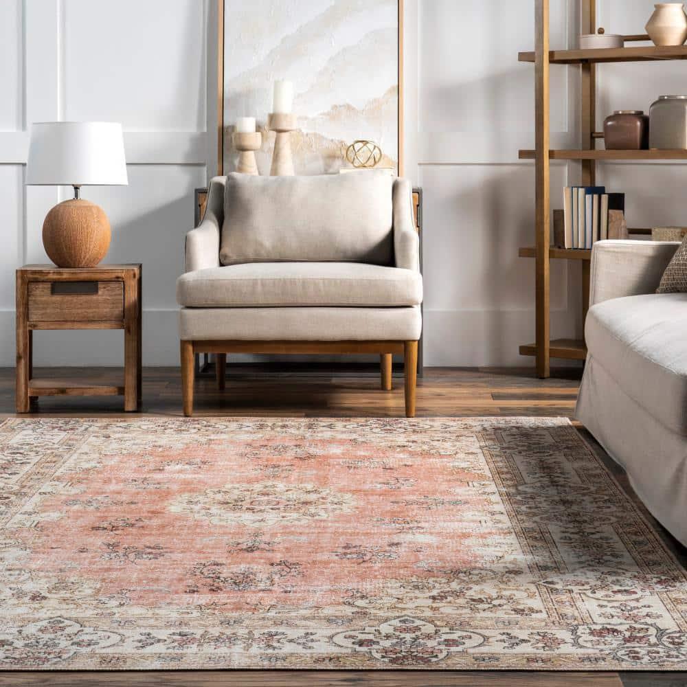 Nuloom Ren Medallion 8x10 Machine Washable Indoor Area Rug for Living Room Bedroom Dining Room Kitchen, Peach/Ivory
