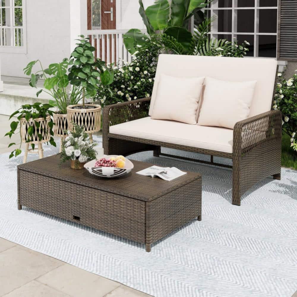 Topcobe Patio Adjustable Wicker Daybed with 4-Level Backrest and Soft Cushions, Modern Outdoor Furniture for Patio Backyard, Garden-Beige