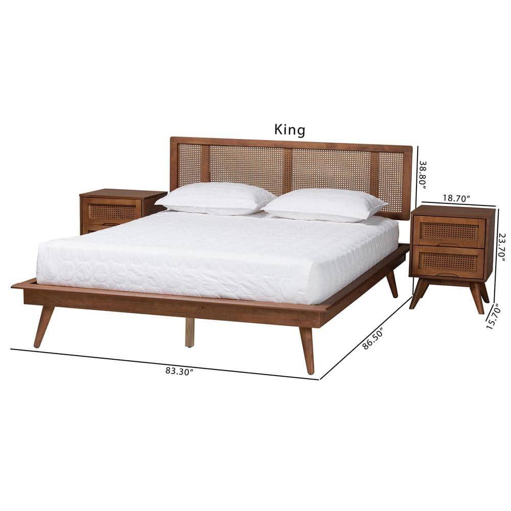 Baxton Studio Nura Walnut Brown Wood and Rattan King Size 3-Piece Bedroom Set
