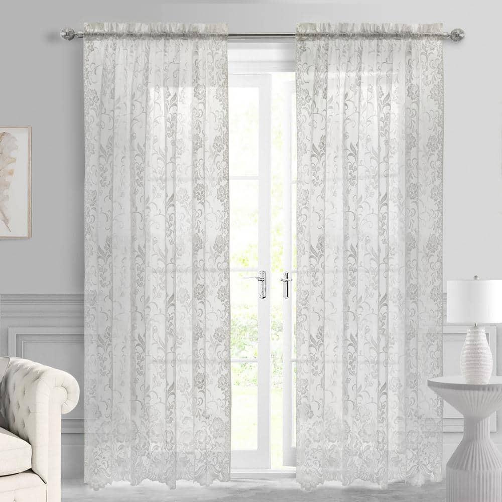 Habitat Limoges Sheer Rod Pocket Timeless and Naturalistic Floral Designs Curtain Panel 55" x 84" White