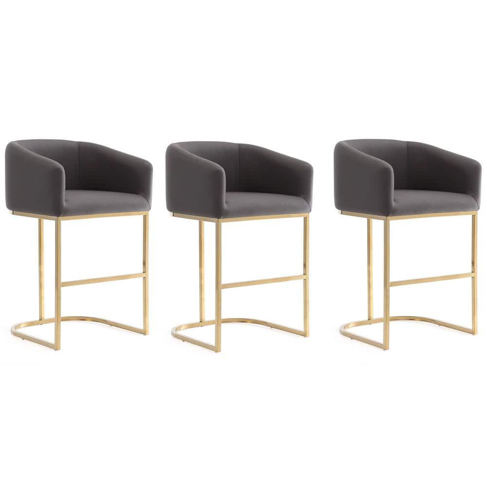 Manhattan Comfort Set of 3 Louvre Upholstered Stainless Steel Counter Height Barstools Gray: Faux Leather, Curved Back, Footrest