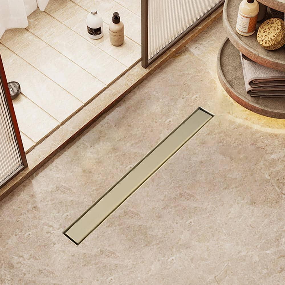 Linear Shower Floor Drain, Brushed Gold 30 Inch 304 Stainless Steel Bathroom Drains Kit, Rectangular Shower Trench Drain with Reversable Tile-in Pattern Drain Cover & Hair Catcher