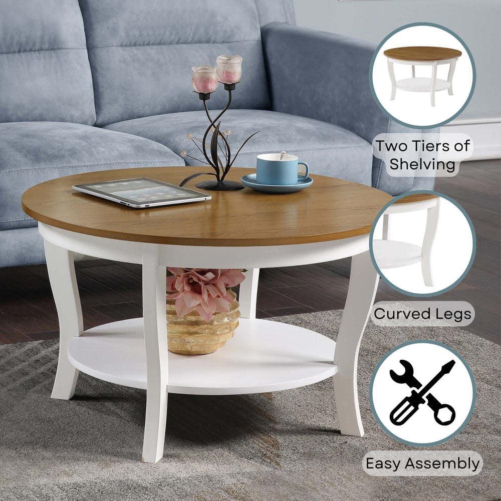 Convenience Concepts American Heritage Round Coffee Table with Shelf, Driftwood/White Wood Finish