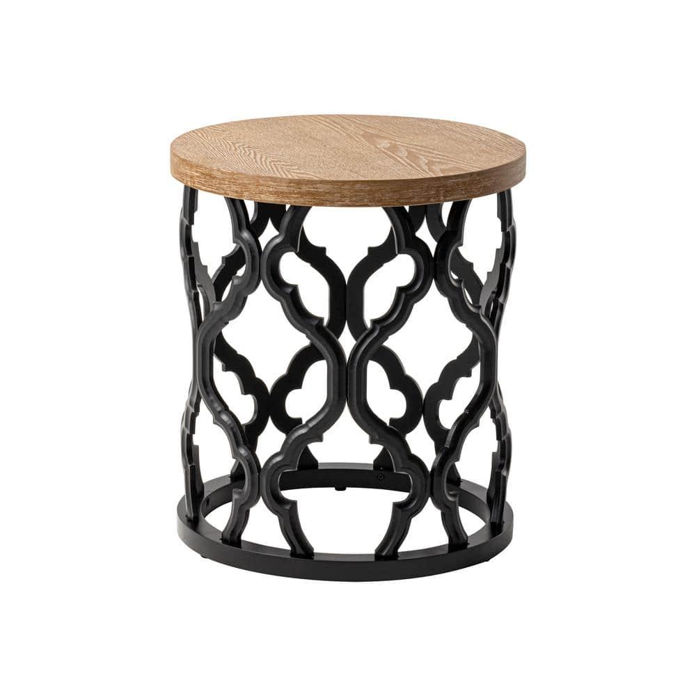 Farmhouse End Table, Distressed Wood Top Side Table with Curved Motif Frame Base for Modern, Rustic, Round, Black