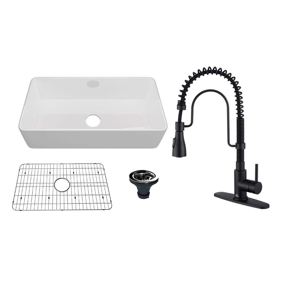 CASAINC CASAINC Single Bowl White Fireclay Farmhouse Kitchen Sink With Faucet Included KCSL0035-36W22M