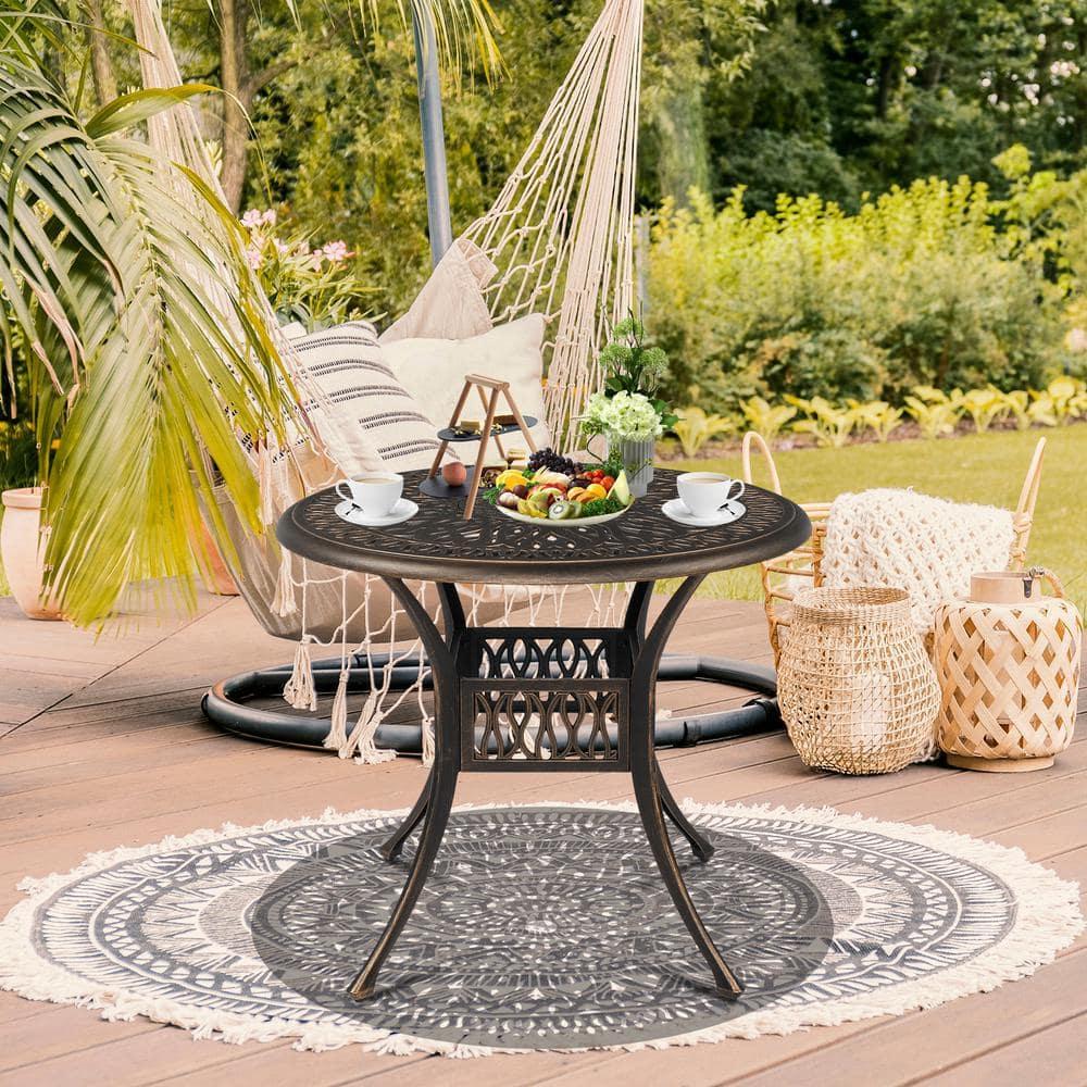 Outdoor Patio Dining Table 35.4 Round Cast Aluminum Table, Weather Resistant - Bronze Color, Perfect for Courtyard Garden Dining