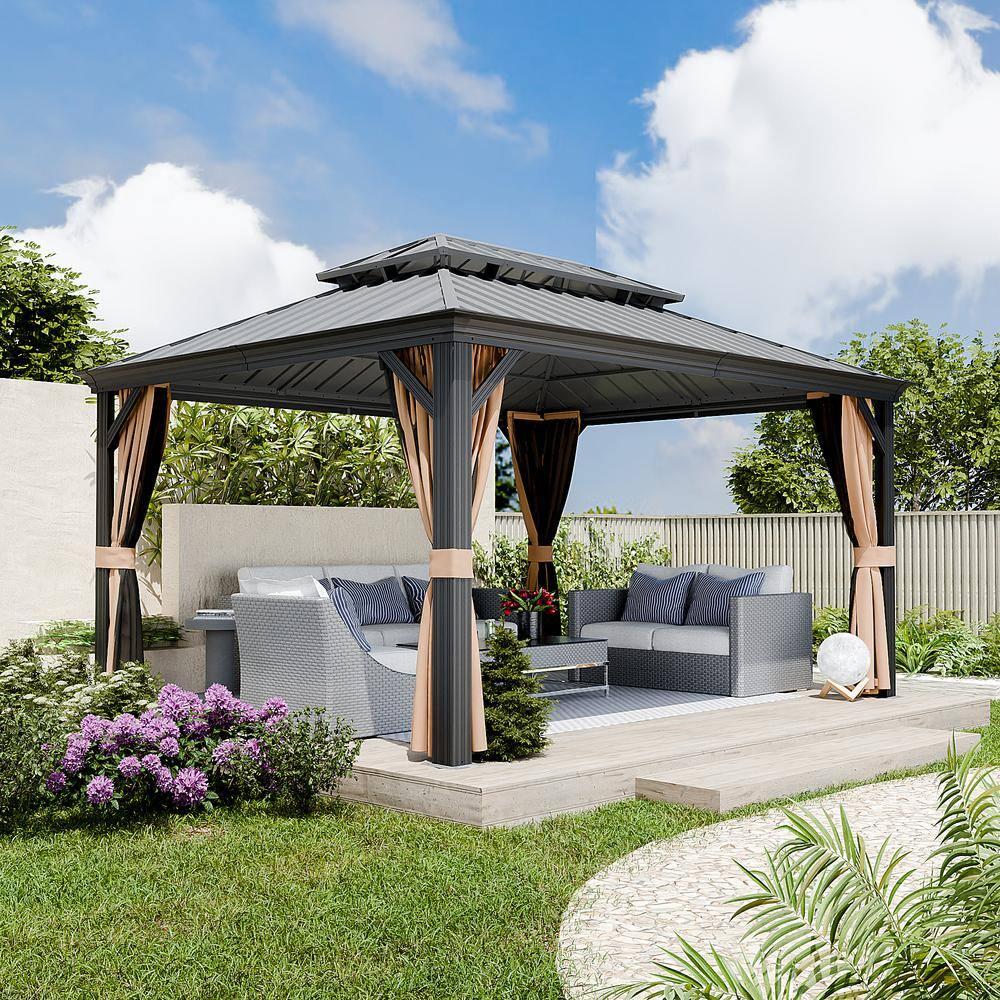Kozyard Kozyard Alexander Gray Double Roof Hardtop Gazebo with Privacy Curtain Mosquito Netting