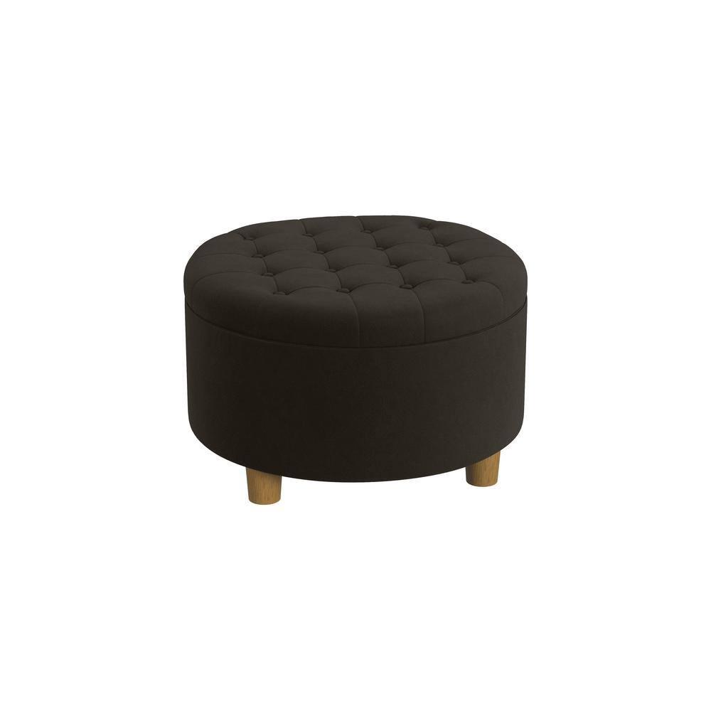 Tufted Round Storage Ottoman Velvet Brown - HomePop: Elegant Honey Oak Legs, Upholstered, Easy to Assemble