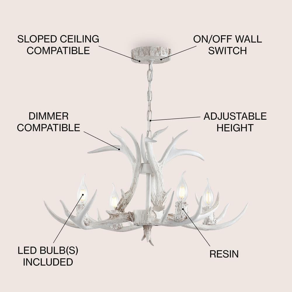 JONATHAN Y JYL6301B Eldora 26" Adjustable Resin Antler 4-Light LED Chandelier, Farmhouse, Glam, Transitional, Rustic, Cottage for living room, dinning room, bedroom, office Bulb Included, White
