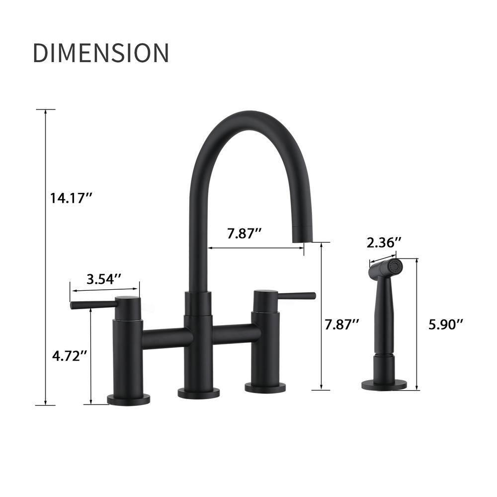 Double Handle Bridge Kitchen Faucet with Side Sprayer in Matte Black