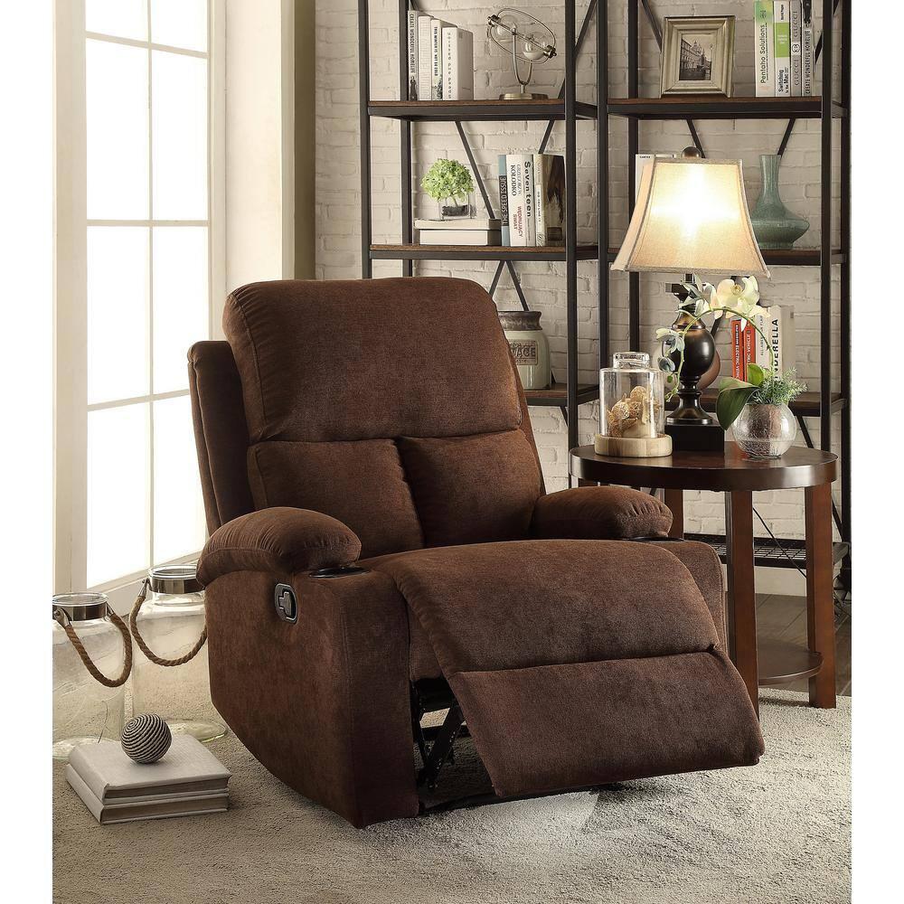Rosia Linen Recliner Chocolate - Acme Furniture: Microfiber, Cup Holders, Wood Frame