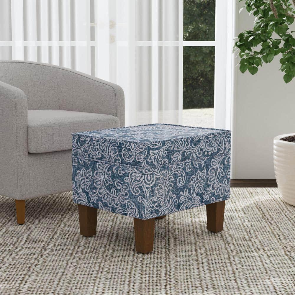 Medium Storage Ottoman Denim - HomePop: Upholstered Footstool, Botanical Pattern, Hardwood Frame