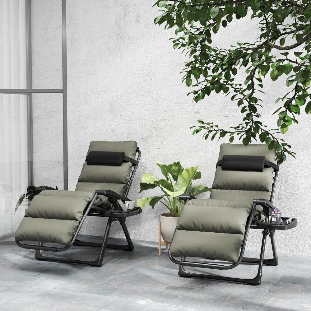 Outsunny Zero Gravity Lounge Chair Set of 2 Reclining Folding Outdoor Lounge Chairs with Cushion, Headrest, and Side Tray for Patio, Beach, Gray