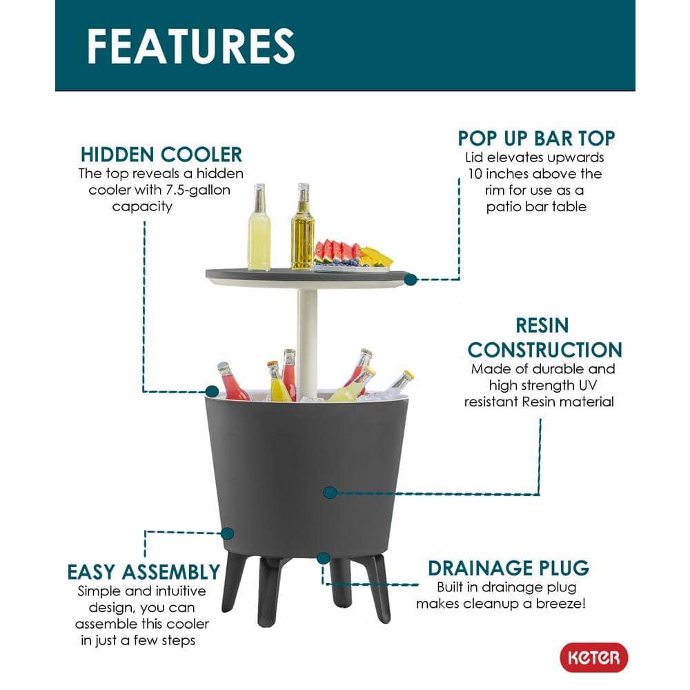 Keter Keter 32 Qt. Cool Bar Cooler Outdoor Weather Resistant Patio Furniture 2 in 1 Pop Up Cocktail Side Table and Beverage Cooler Combo