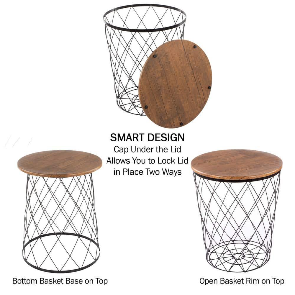 Lavish Home End Table with Storage – Set of 2 Round Nesting Tables with Diamond Pattern Wire Basket Wood Tops, Industrial Farmhouse Side Table
